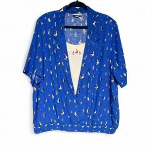 Vintage Sailboat Blouse Women's Plus‎ Size 24 Alfred Dunner Blue Nautical Preppy